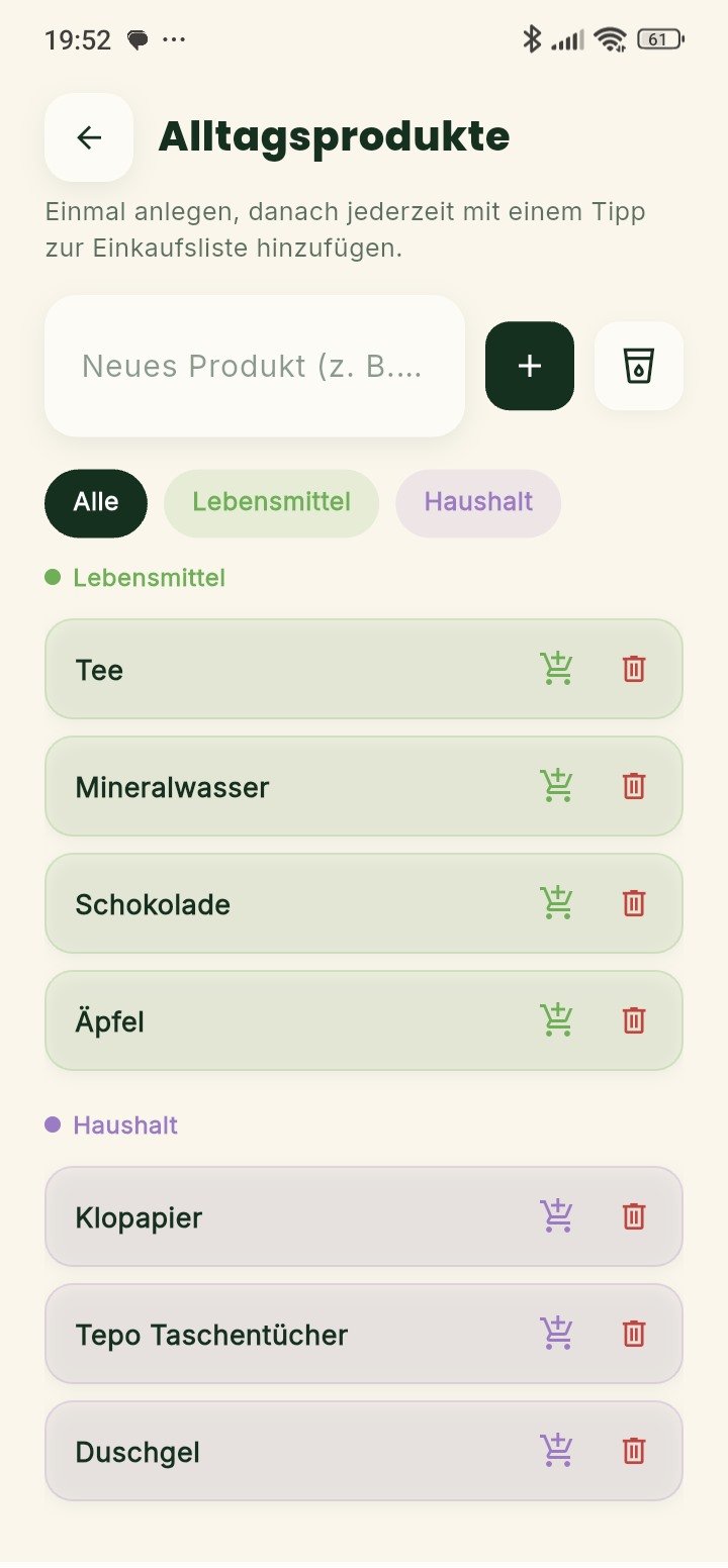 Alltagsprodukte wie Tee, Mineralwasser und Klopapier in der Recivita App