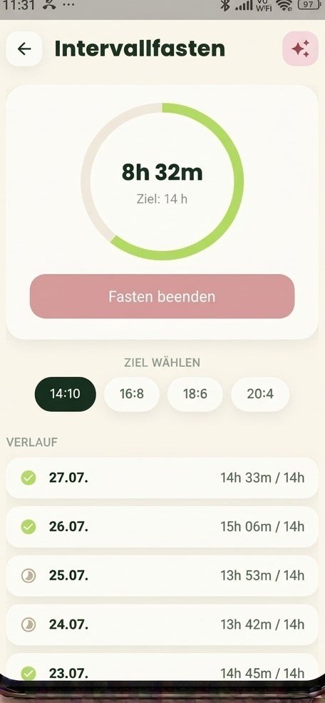 Intervallfasten-Timer mit Fastenring und Verlauf in der Recivita App