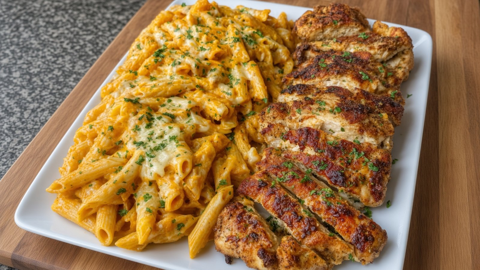 Cajun-Hähnchen mit cremiger Cheddar-Parmesan-Penne