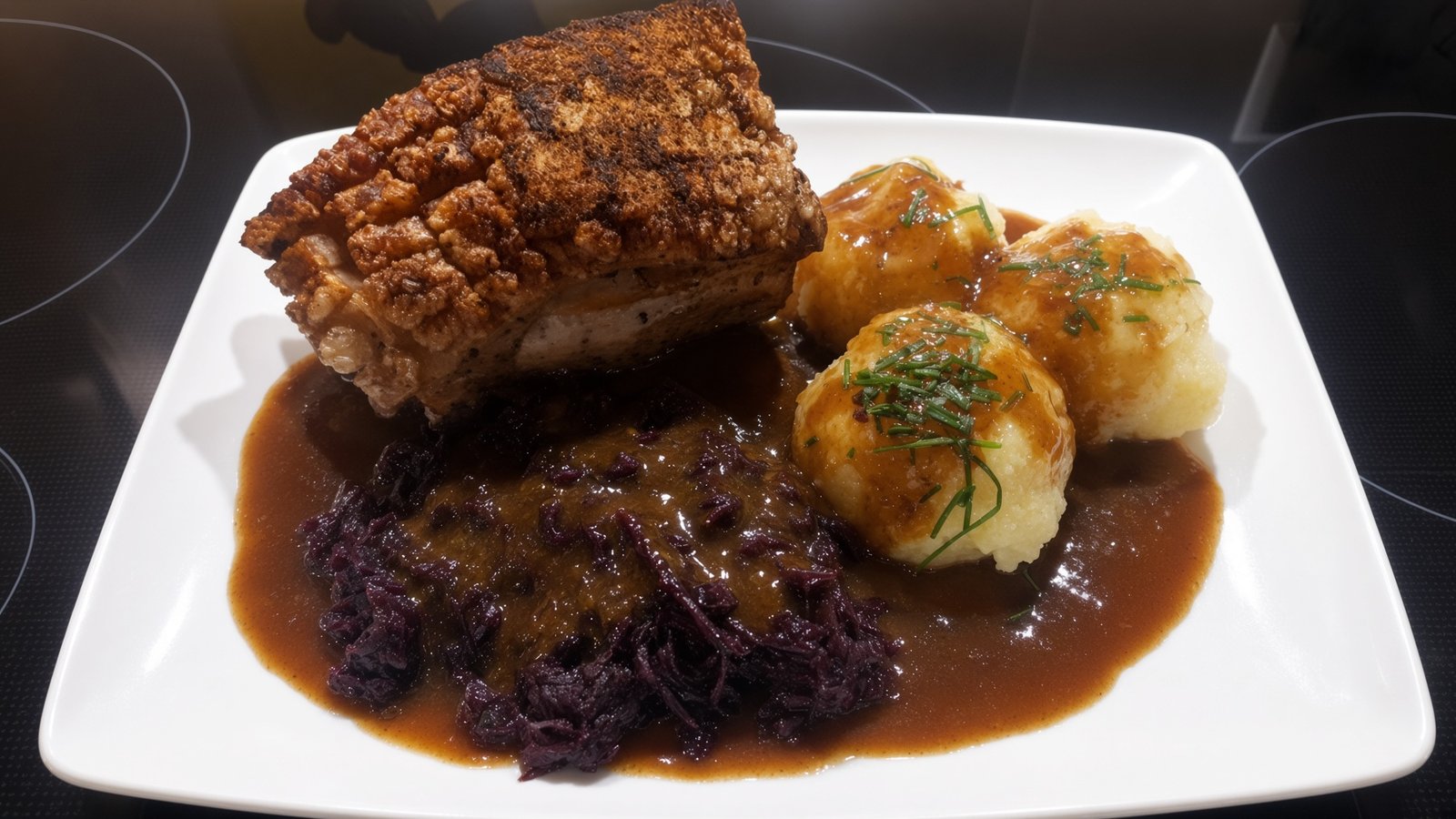 Fränkisches Schäufele mit Klößen und Rotkraut