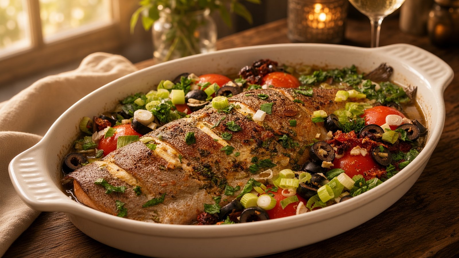 Mediterrane Lachsforelle mit Tomaten und Oliven