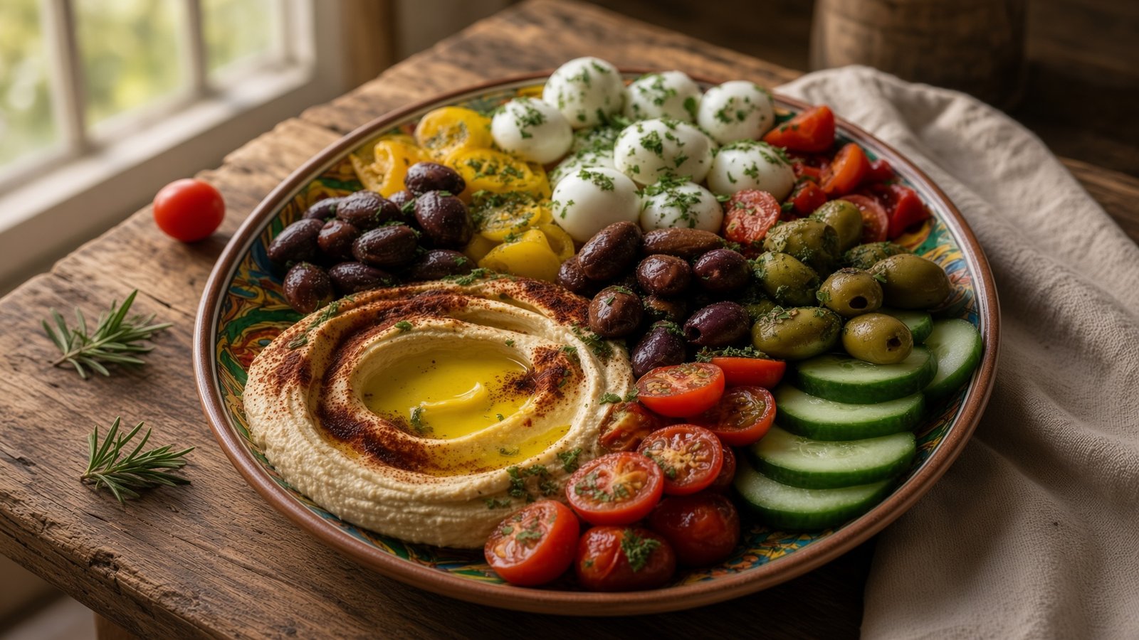 Mediterrane Mezze-Platte mit Hummus, Burrata und Oliven