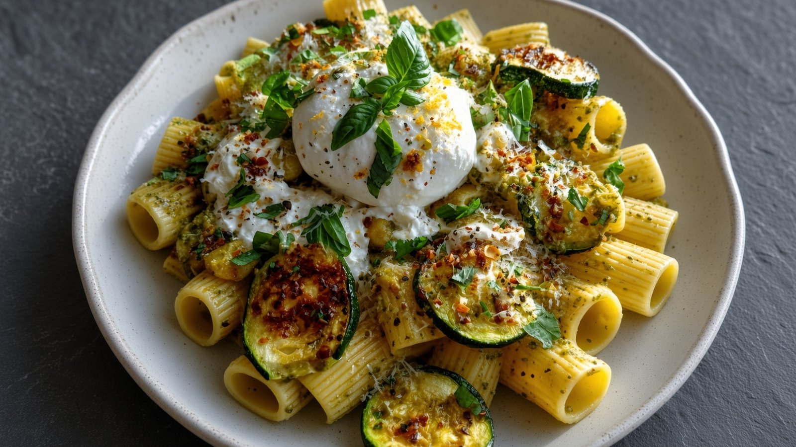 Zitronen-Pesto-Rigatoni mit Burrata und geröstetem Zucchini