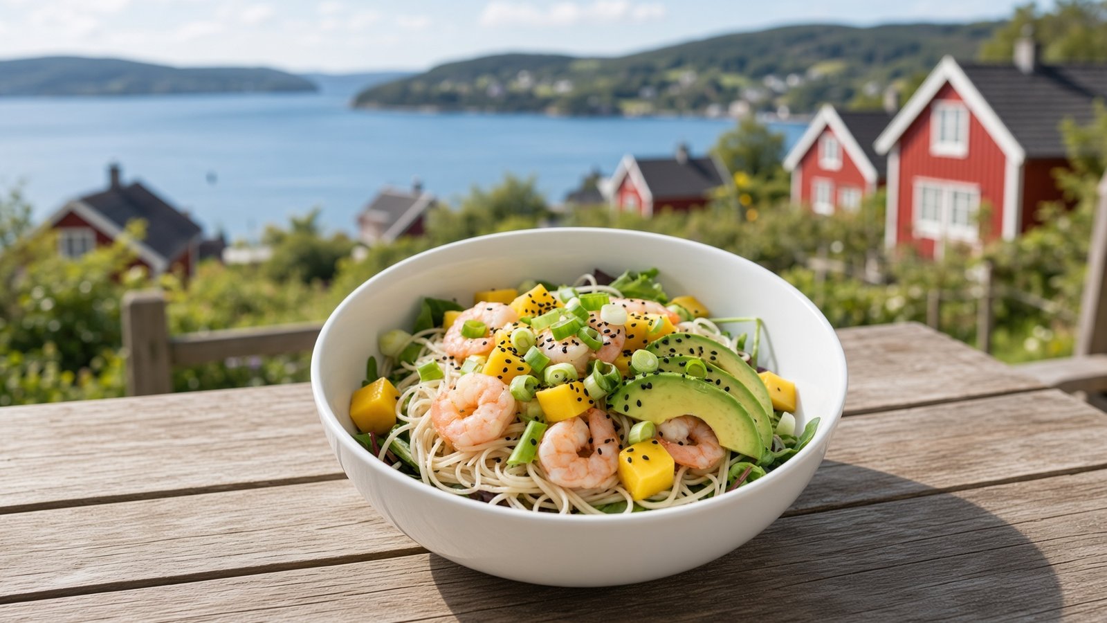 Fruchtiger Reisnudelsalat mit Mango, Avocado und Garnelen