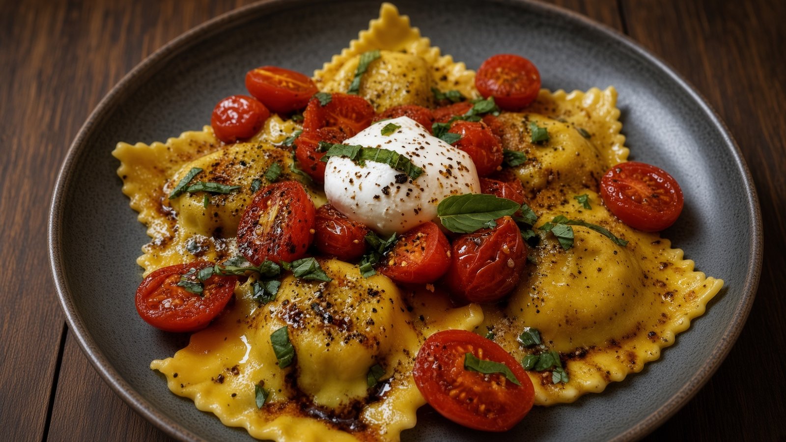 Ricotta-Zitronen-Ravioli mit geplatzten Tomaten und Burrata