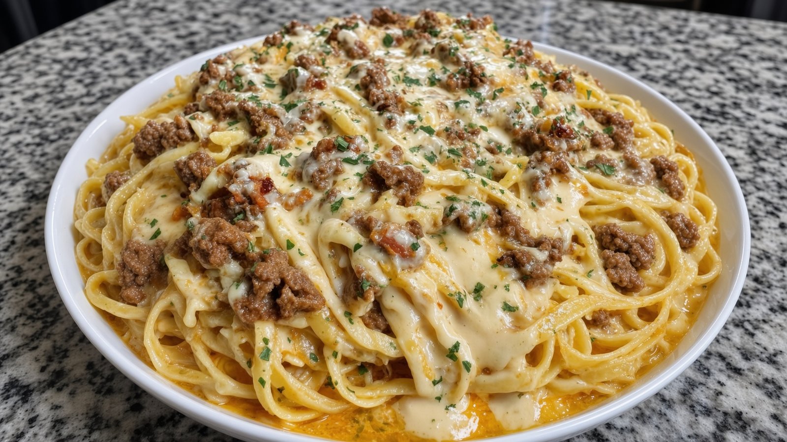 Rinderhack-Linguine in cremiger Provolone-Cheddar-Sauce