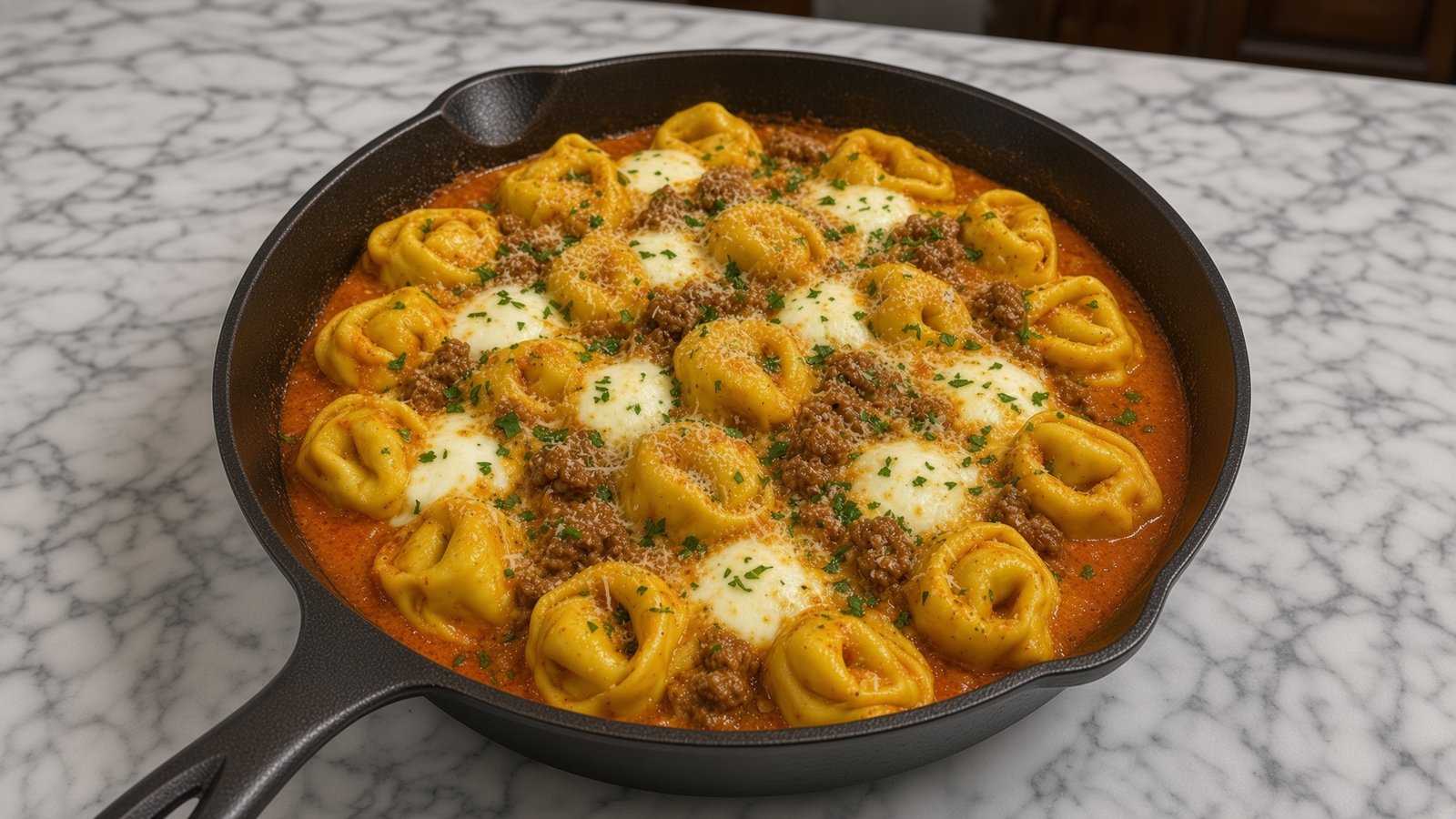 Hackfleisch-Tortellini in cremiger Sonnentomaten-Parmesan-Sauce