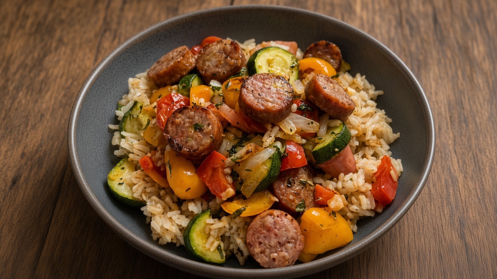 Bunte Wurst-Gemüse-Reisbowl mit Zucchini und Paprika
