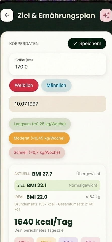 Ziel- und Ernährungsplan-Rechner der Recivita App mit BMI und Tagesziel